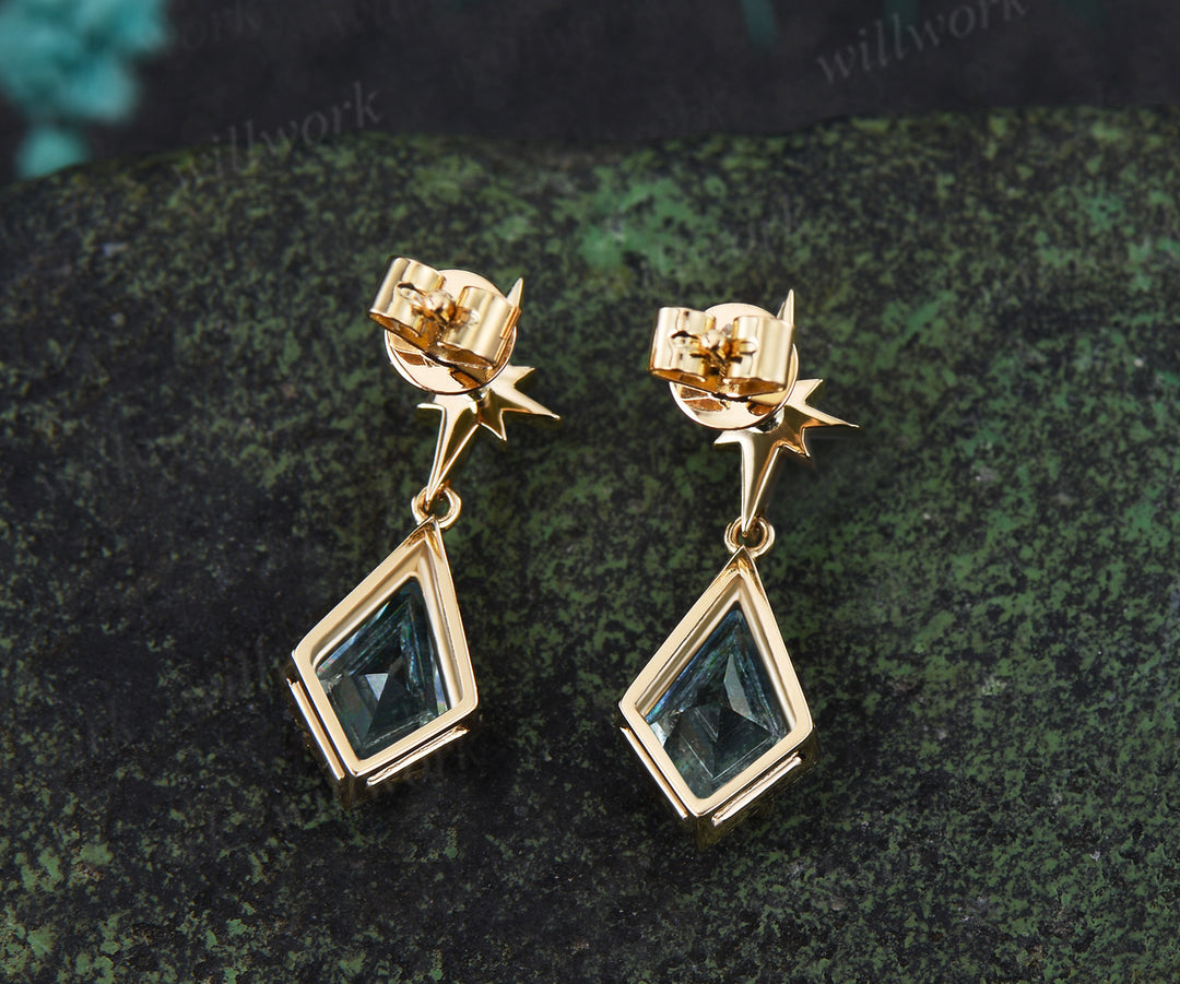 Kite Cut Natural Aquamarine Polaris Necklace Earrings Set Vintage Milgrain Aquamarine Moissanite Jewelry Set