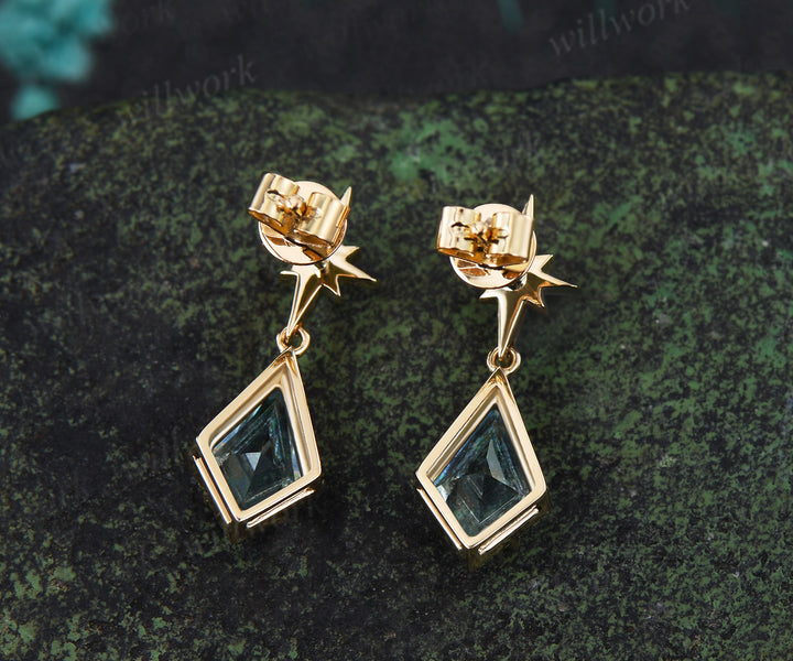 Kite Cut Natural Aquamarine Polaris Necklace Earrings Set Vintage Milgrain Aquamarine Moissanite Jewelry Set