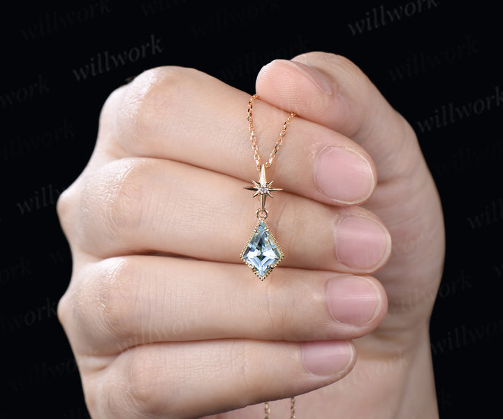 Kite Cut Natural Aquamarine Polaris Necklace Earrings Set Vintage Milgrain Aquamarine Moissanite Jewelry Set