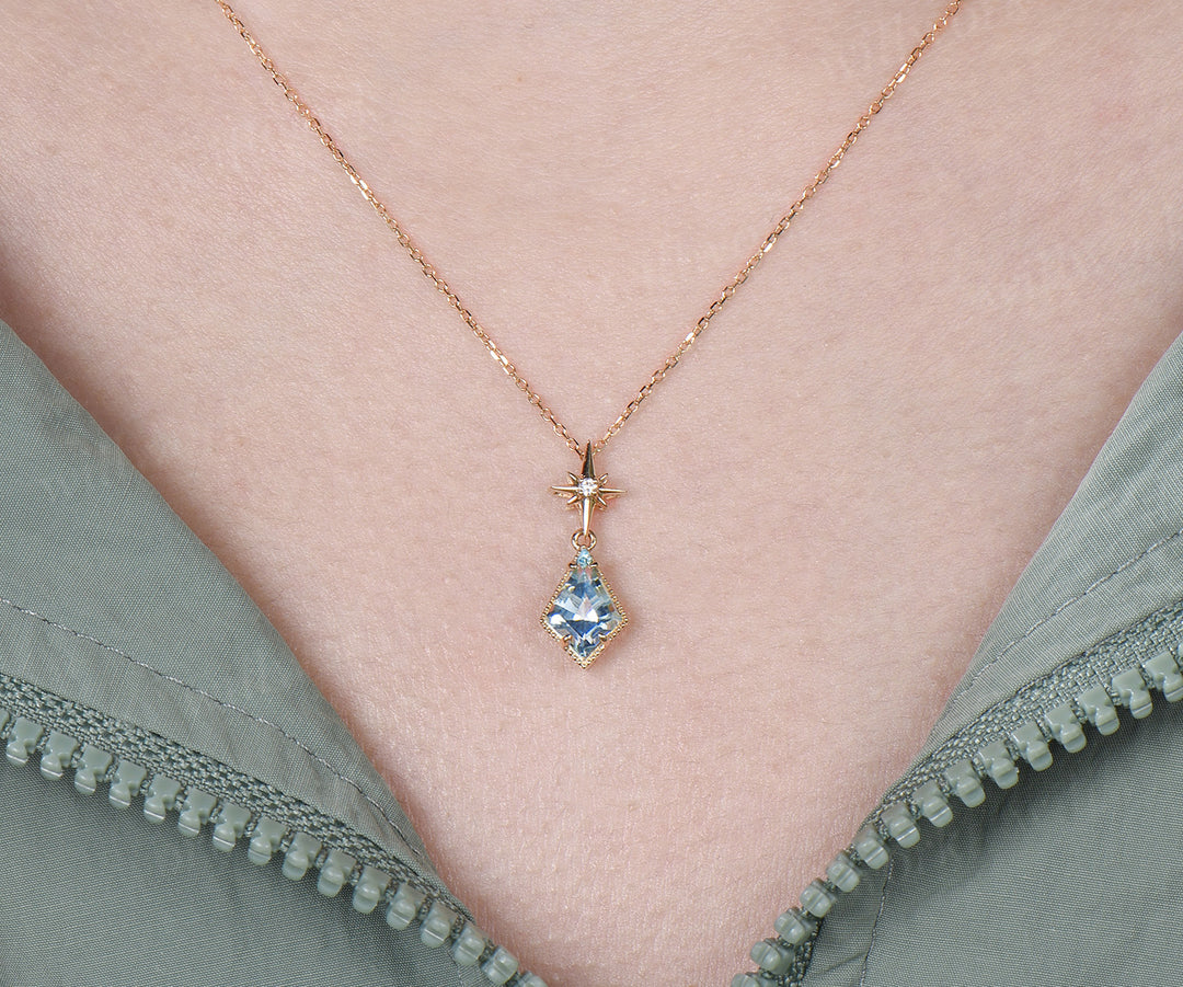 Kite Cut Natural Aquamarine Polaris Necklace Earrings Set Vintage Milgrain Aquamarine Moissanite Jewelry Set