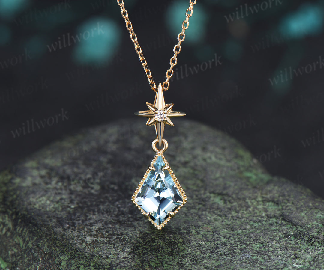 Kite Cut Natural Aquamarine Polaris Necklace Earrings Set Vintage Milgrain Aquamarine Moissanite Jewelry Set