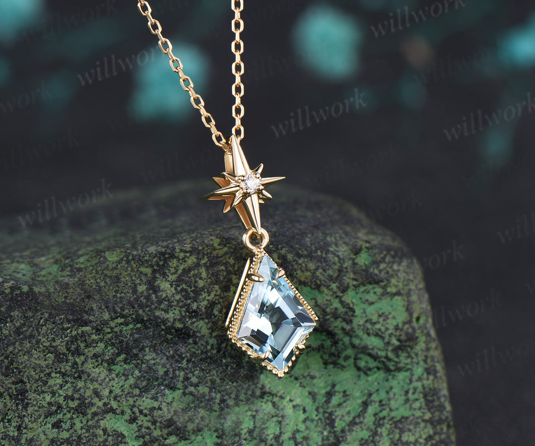 Kite Cut Natural Aquamarine Polaris Necklace Earrings Set Vintage Milgrain Aquamarine Moissanite Jewelry Set