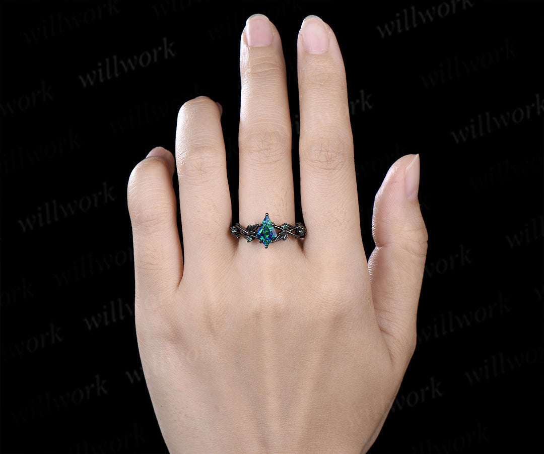 Kite Cut Black Opal Twig Leaf Ring & Tungsten Black Opal Inlay Hammered Mens Ring His & Her Couple Rings