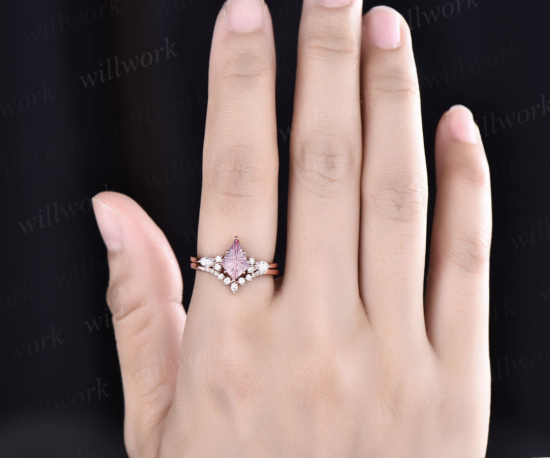 Vintage Kite Fantasy Cut Padparadscha Engagement Ring Set Seven Stone Promise Ring Marquise Moissanite Wedding Band Pink Sapphire Bridal Set