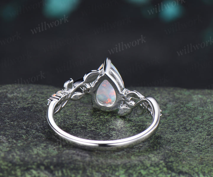 Pear cut opal engagement ring vintage leaf twig opal ring nature inspired wedding ring gifts for her