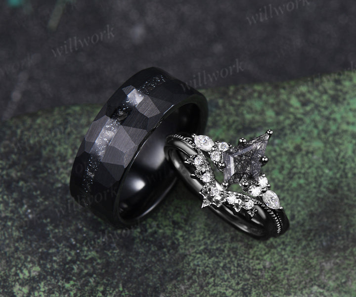 Kite Cut Black Rutilated Quartz Engagement Ring Set & Black Tungsten Hammered Mens Ring His & Her Couple Rings