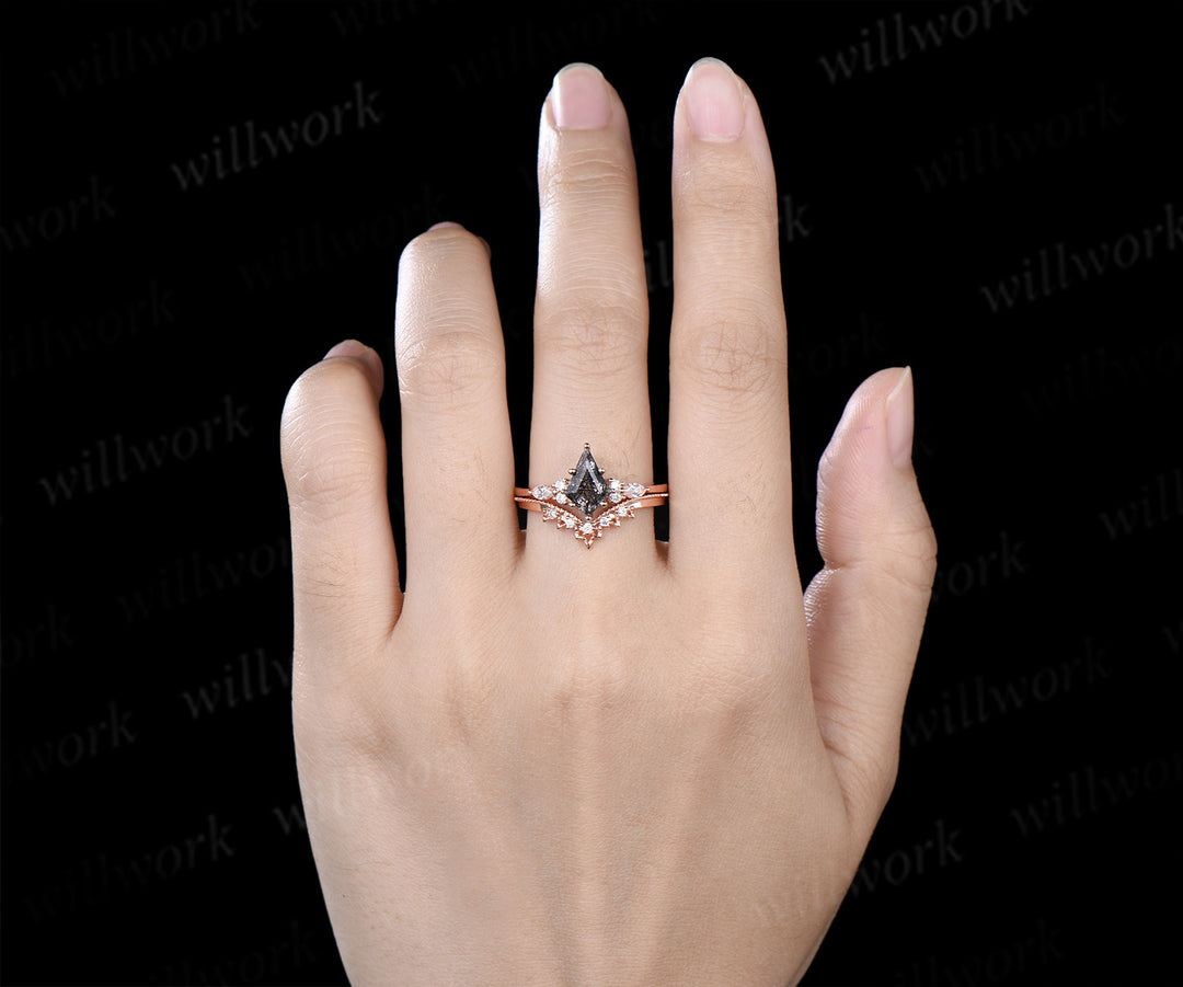 Kite Cut Black Rutilated Quartz Engagement Ring Set & Black Tungsten Hammered Mens Ring His & Her Couple Rings