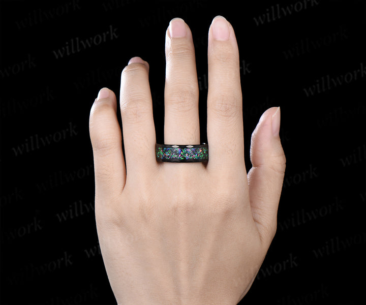 Kite Cut Black Opal Twig Leaf Ring & Tungsten Black Opal Inlay Hammered Mens Ring His & Her Couple Rings