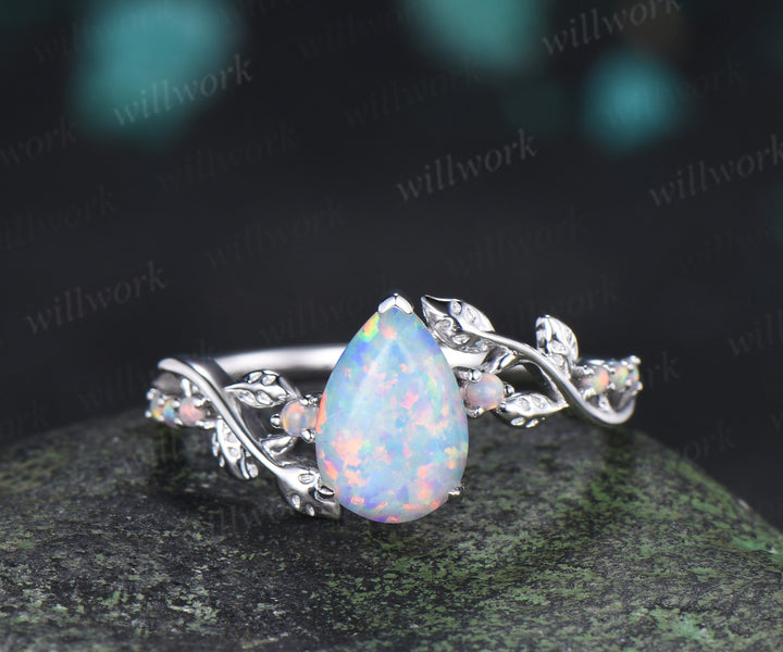 Pear cut opal engagement ring vintage leaf twig opal ring nature inspired wedding ring gifts for her