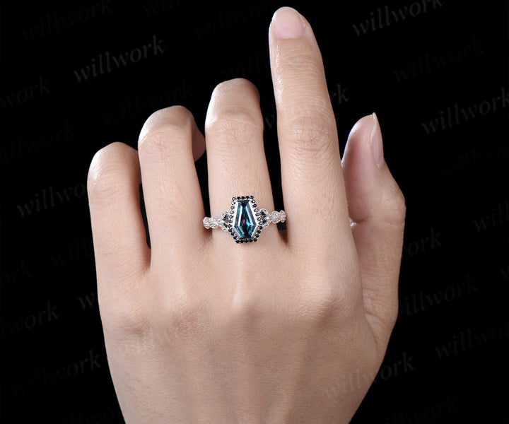 Vintage coffin alexandrite engagement ring kite color change stone black diamond halo art deco butterfly diamond ring unique bridal ring