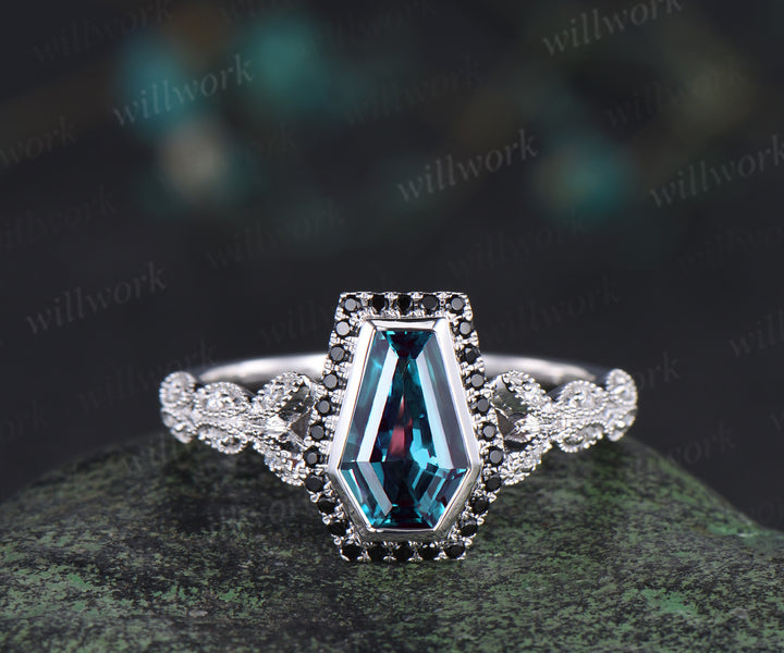 Vintage coffin alexandrite engagement ring kite color change stone black diamond halo art deco butterfly diamond ring unique bridal ring