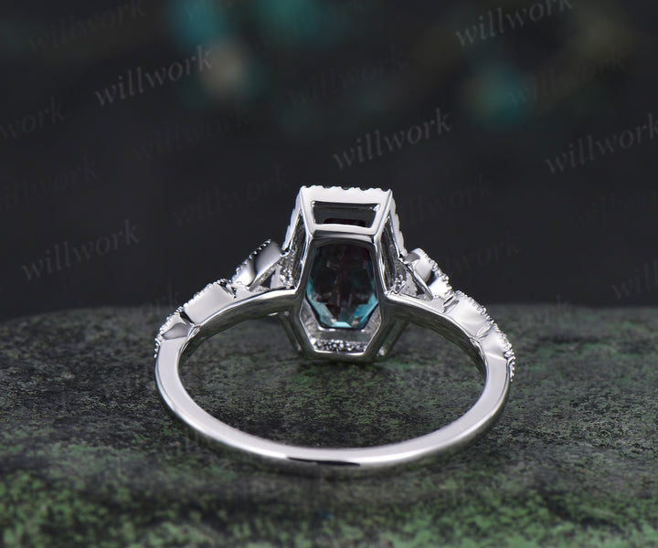 Vintage coffin alexandrite engagement ring kite color change stone black diamond halo art deco butterfly diamond ring unique bridal ring