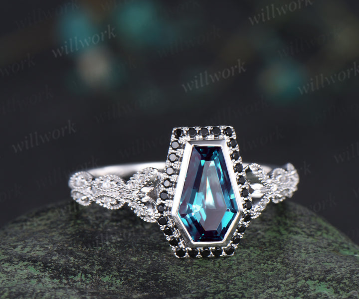 Vintage coffin alexandrite engagement ring kite color change stone black diamond halo art deco butterfly diamond ring unique bridal ring