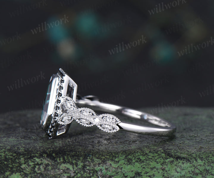 Vintage coffin alexandrite engagement ring kite color change stone black diamond halo art deco butterfly diamond ring unique bridal ring