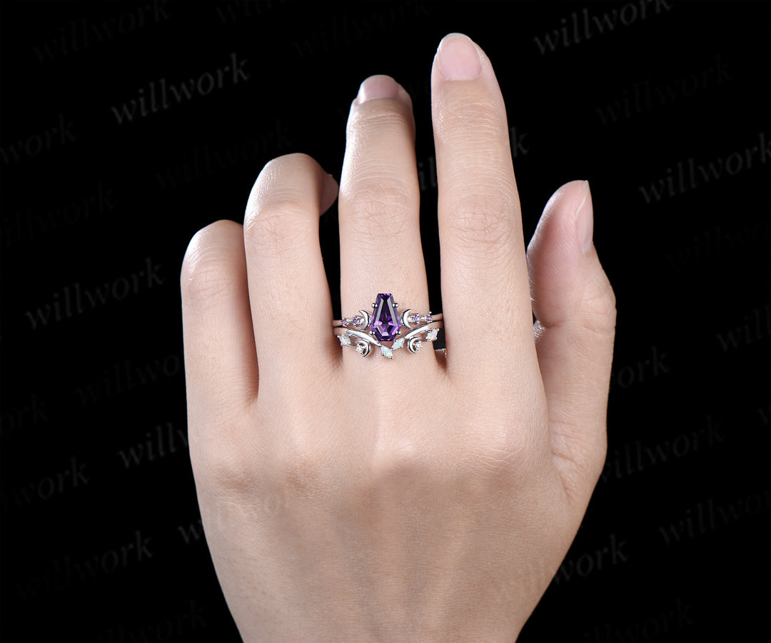 Unique Coffin Kite Cut Amethyst Moon Bridal Ring Set & Tungsten Amethyst Men Wedding Band His and Her Couple Ring Set