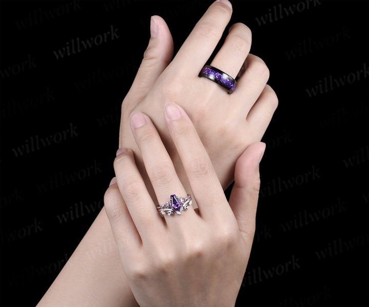 Unique Coffin Kite Cut Amethyst Moon Bridal Ring Set & Tungsten Amethyst Men Wedding Band His and Her Couple Ring Set