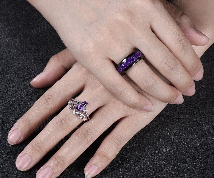 Unique Coffin Kite Cut Amethyst Moon Bridal Ring Set & Tungsten Amethyst Men Wedding Band His and Her Couple Ring Set