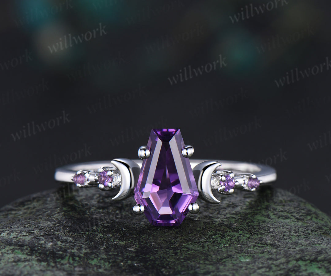 Unique Coffin Kite Cut Amethyst Moon Bridal Ring Set & Tungsten Amethyst Men Wedding Band His and Her Couple Ring Set