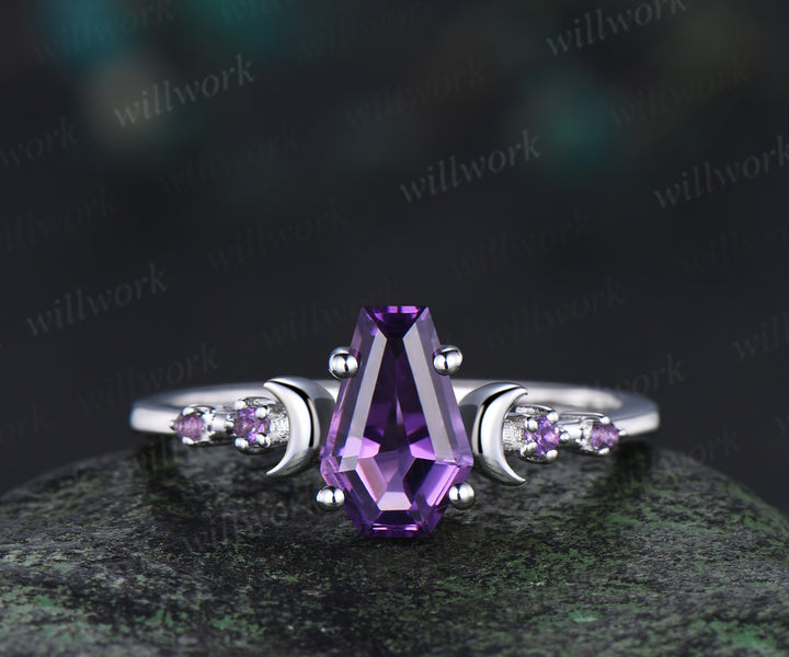 Unique Coffin Kite Cut Amethyst Moon Bridal Ring Set & Tungsten Amethyst Men Wedding Band His and Her Couple Ring Set