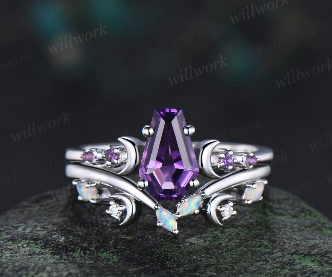Unique Coffin Kite Cut Amethyst Moon Bridal Ring Set & Tungsten Amethyst Men Wedding Band His and Her Couple Ring Set