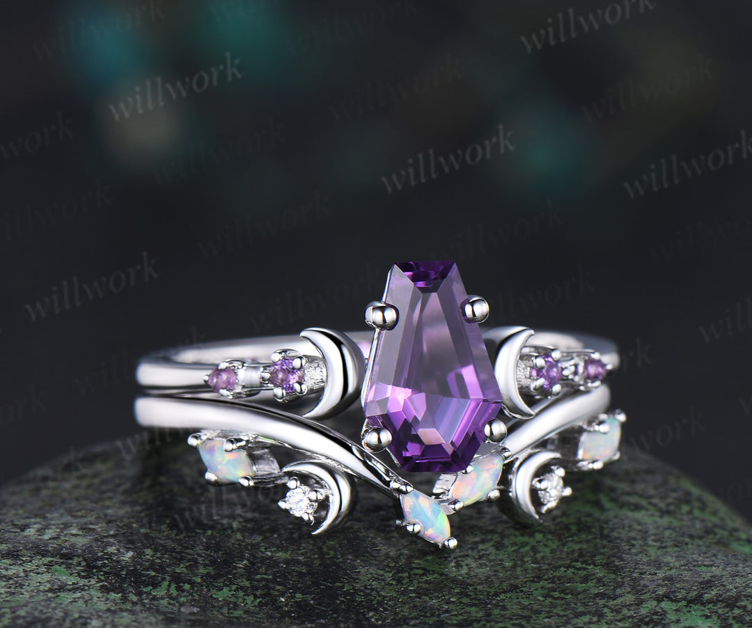 Unique Coffin Kite Cut Amethyst Moon Bridal Ring Set & Tungsten Amethyst Men Wedding Band His and Her Couple Ring Set