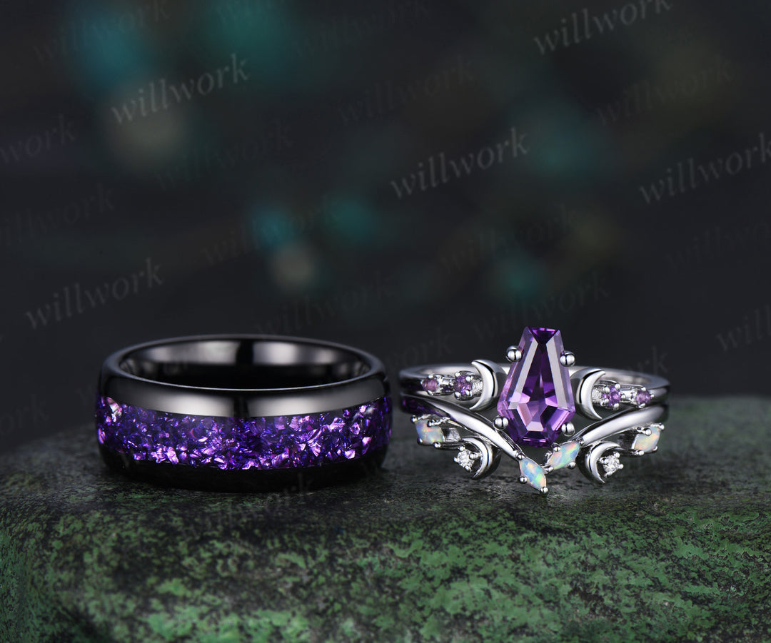 Unique Coffin Kite Cut Amethyst Moon Bridal Ring Set & Tungsten Amethyst Men Wedding Band His and Her Couple Ring Set