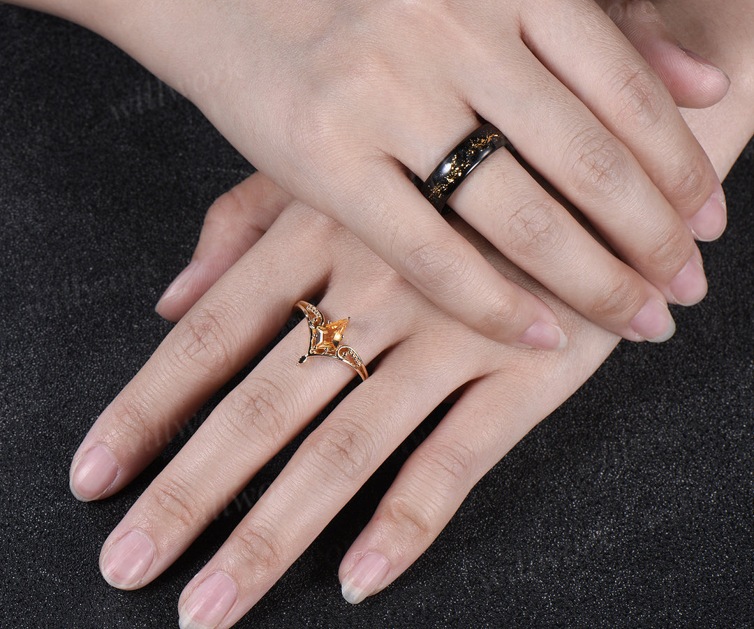 Vintage Kite Cut Citrine Milgrain Split Shank Ring & Bold Tungsten Men Wedding Band Unique Couple Rings