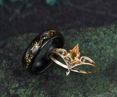 Vintage Kite Cut Citrine Milgrain Split Shank Ring & Bold Tungsten Men Wedding Band Unique Couple Rings