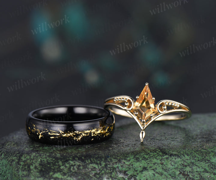 Vintage Kite Cut Citrine Milgrain Split Shank Ring & Bold Tungsten Men Wedding Band Unique Couple Rings