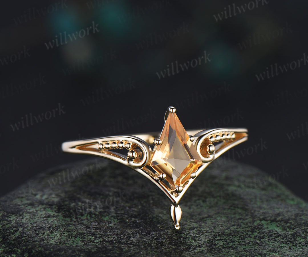 Vintage kite cut citrin engagement ring solitaire split shank milgrain wedding ring November birthstone gifts