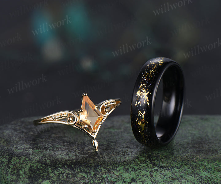 Vintage Kite Cut Citrine Milgrain Split Shank Ring & Bold Tungsten Men Wedding Band Unique Couple Rings