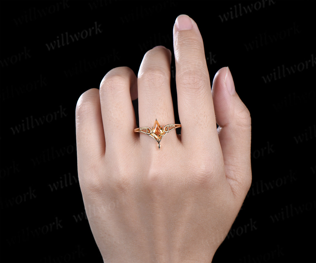 Vintage Kite Cut Citrine Milgrain Split Shank Ring & Bold Tungsten Men Wedding Band Unique Couple Rings
