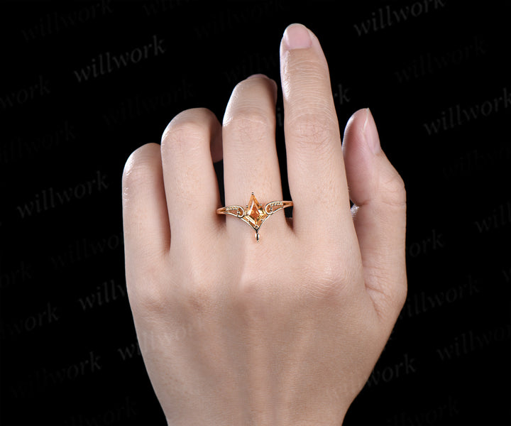 Vintage kite cut citrin engagement ring solitaire split shank milgrain wedding ring November birthstone gifts