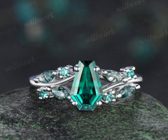 Coffin cut emerald engagement ring marquise moss agate split shank ring birthstone promise ring gifts for her