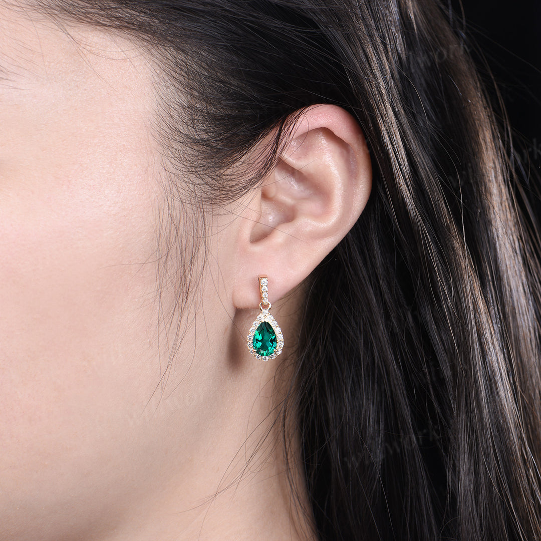 Pear cut emerald earrings diamonds moissanited halo vintage piercing drop earrings May birthstone gifts for women