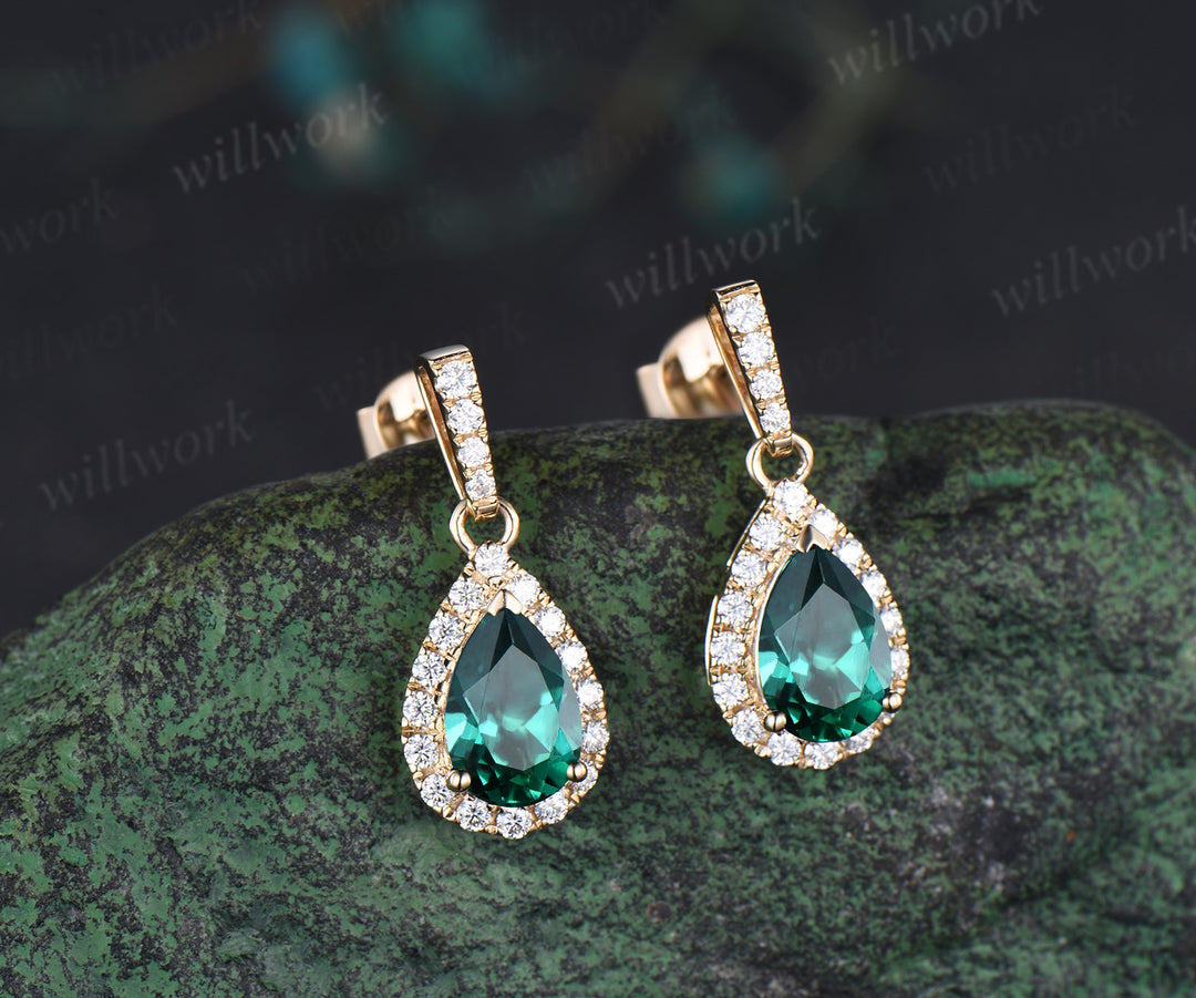 Pear cut emerald earrings diamonds moissanited halo vintage piercing drop earrings May birthstone gifts for women
