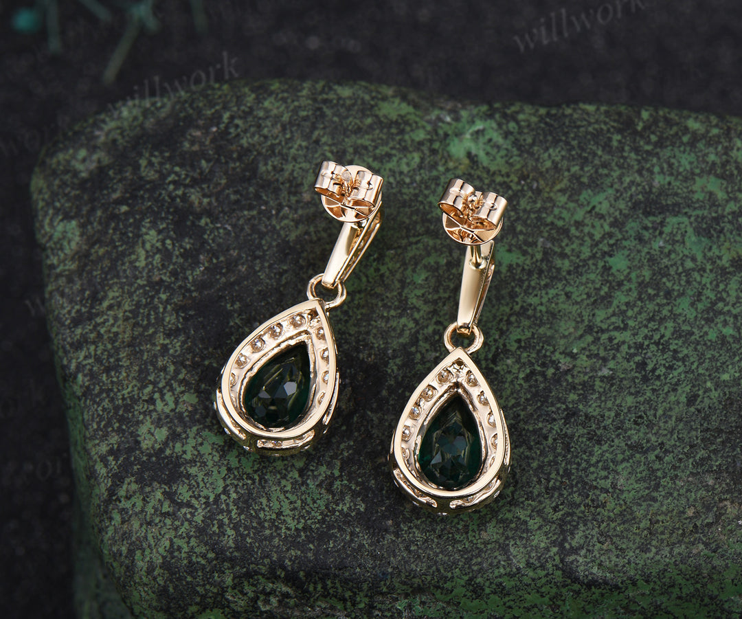 Pear cut emerald earrings diamonds moissanited halo vintage piercing drop earrings May birthstone gifts for women