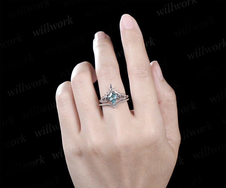 Kite cut moss agate engagement ring filigree leaf split shank ring milgrain band vintage boho bridal set gift for her