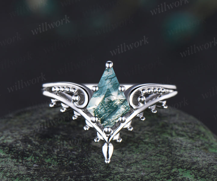 Kite cut moss agate engagement ring filigree leaf split shank ring milgrain band vintage boho bridal set gift for her