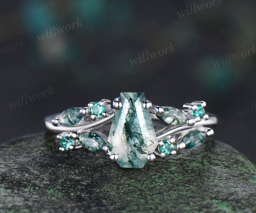 6x9mm coffin moss agate emerald ring unique split shank marquise