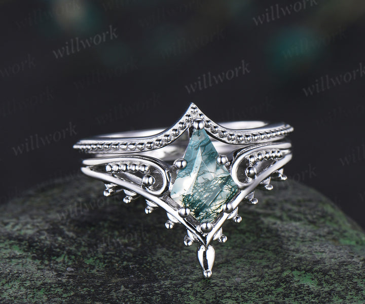 Kite cut moss agate engagement ring filigree leaf split shank ring milgrain band vintage boho bridal set gift for her