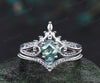 Kite cut moss agate engagement ring filigree leaf split shank ring milgrain band vintage boho bridal set gift for her