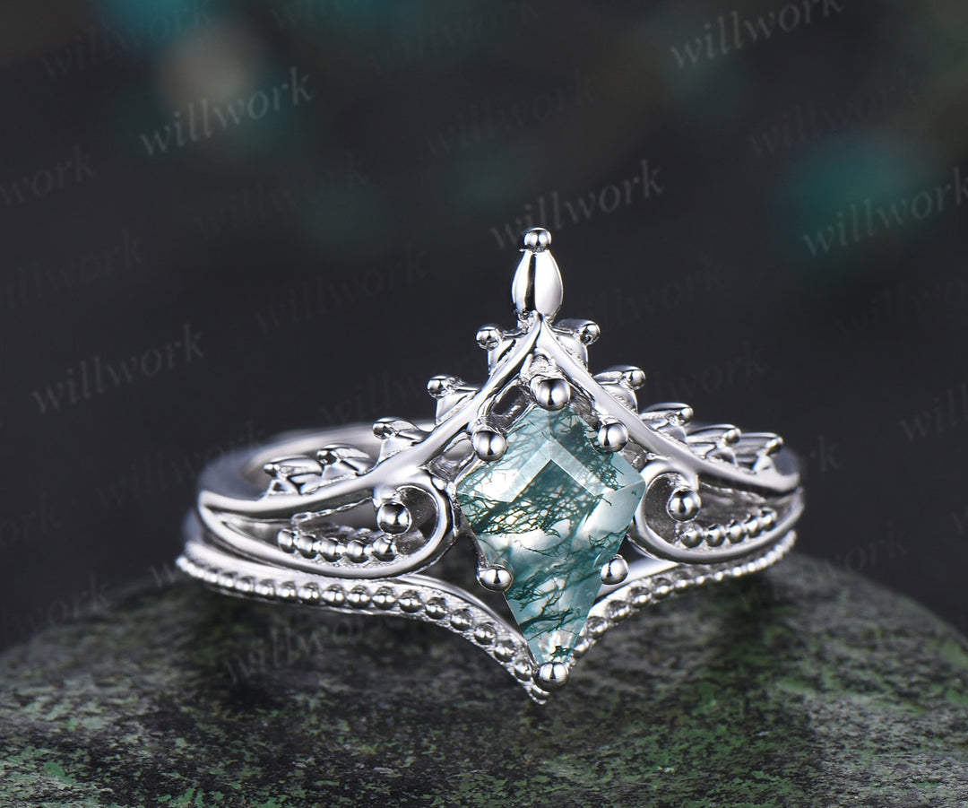 Kite cut moss agate engagement ring filigree leaf split shank ring milgrain band vintage boho bridal set gift for her