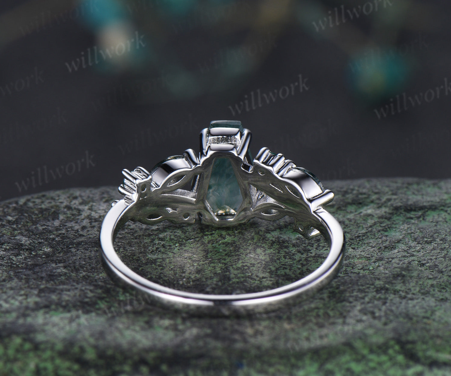 6x9mm coffin moss agate emerald ring unique split shank marquise