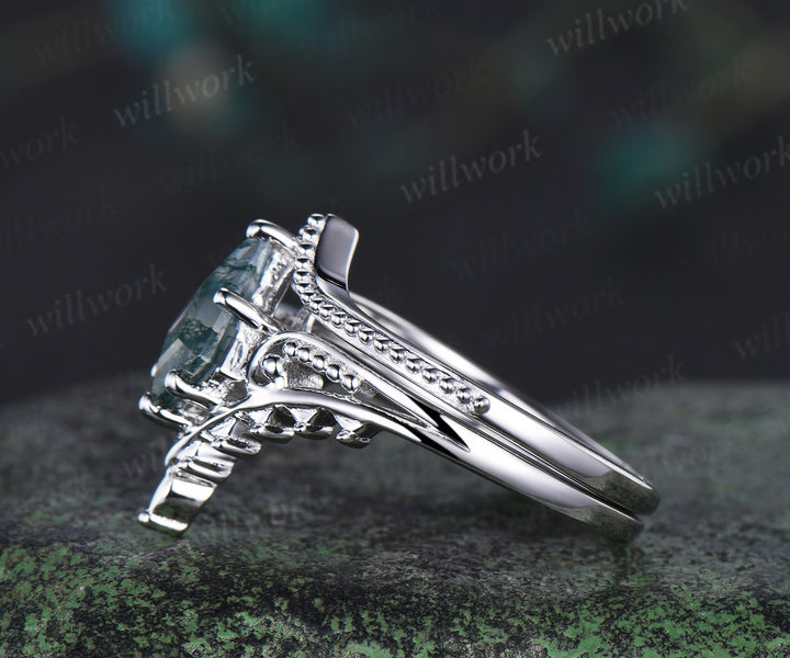 Kite cut moss agate engagement ring filigree leaf split shank ring milgrain band vintage boho bridal set gift for her