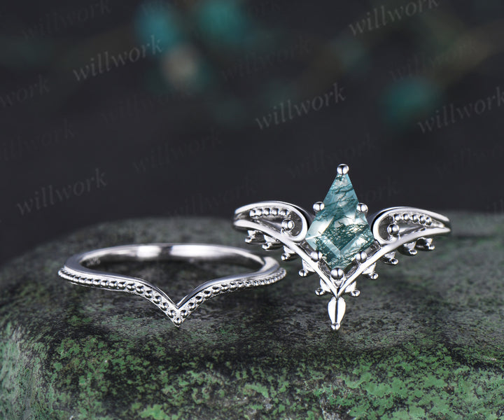 Kite cut moss agate engagement ring filigree leaf split shank ring milgrain band vintage boho bridal set gift for her
