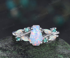 Unique coffin cut opal engagement ring marquise fire opal emerald ring vintage split shank ring for bridal October birthstone