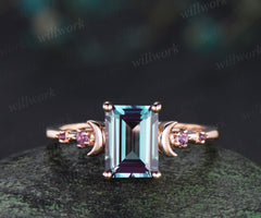 Emerald cut alexandrite moon ring five stone amethyst celestial statement ring 14k rose gold June birthstone jewelry