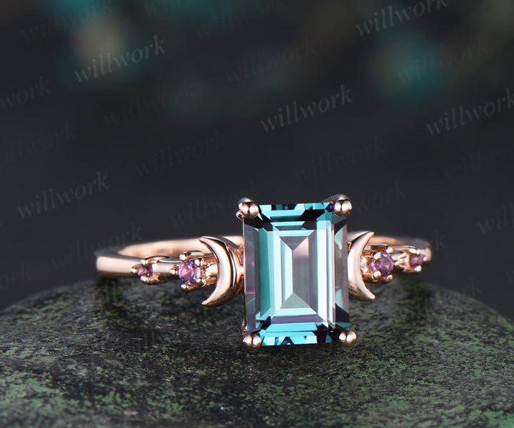 Emerald cut alexandrite moon ring five stone amethyst celestial statement ring 14k rose gold June birthstone jewelry