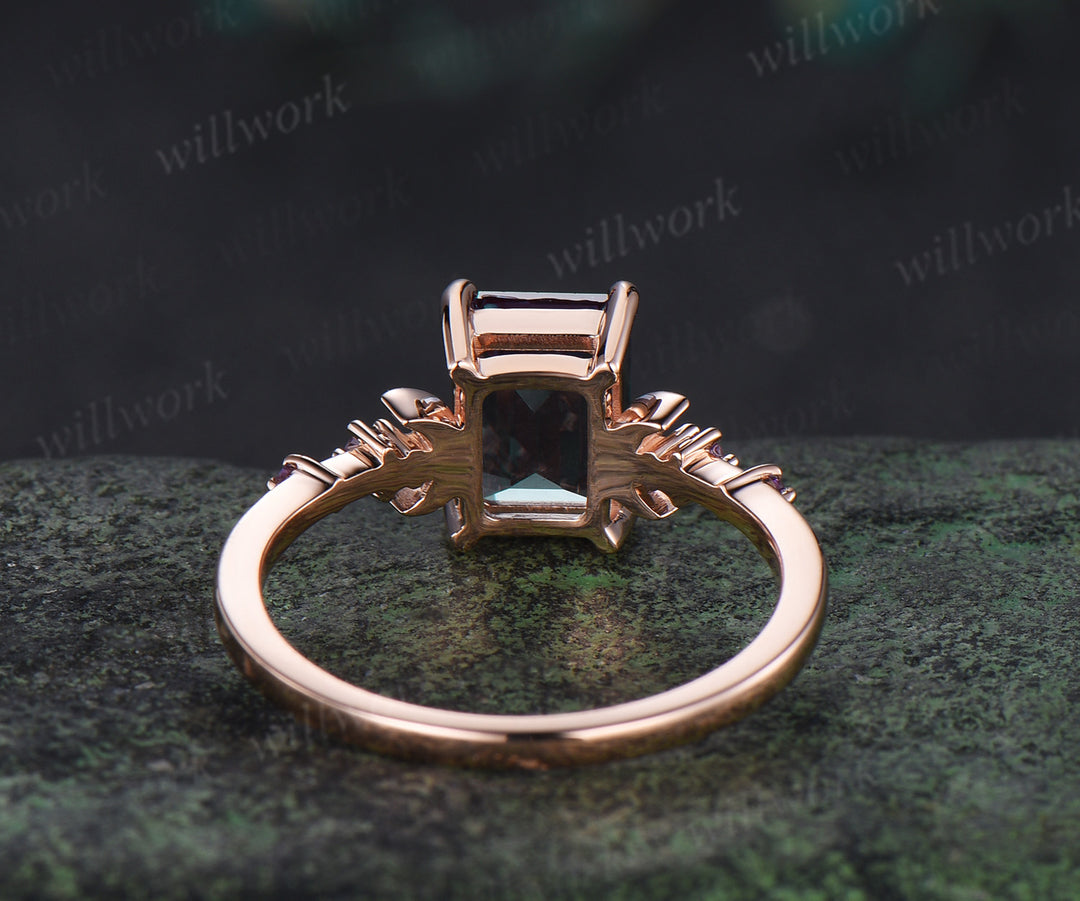 Emerald cut alexandrite moon ring five stone amethyst celestial statement ring 14k rose gold June birthstone jewelry
